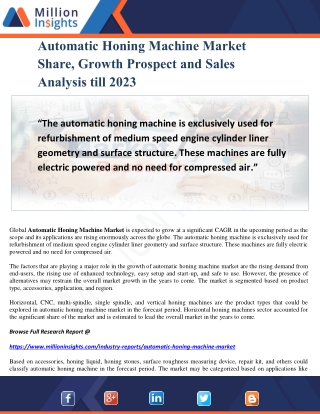 Automatic Honing Machine Market Share, Growth Prospect and Sales Analysis till 2023