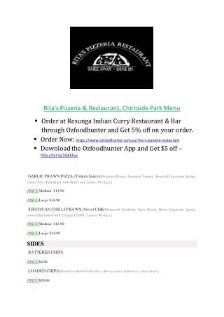 15% Off - Rita's Pizzeria & Restaurant-Chirnside Park - Order Food Online