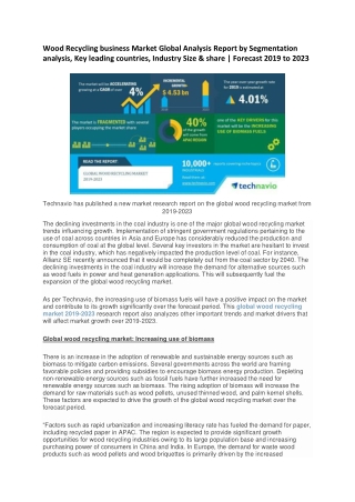 Wood Recycling business Market Global Analysis Report by Segmentation analysis, Key leading countries, Industry Size & s