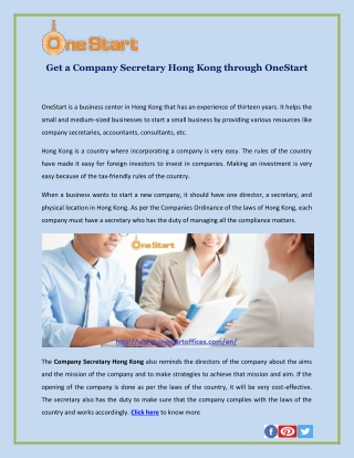 Get a Company Secretary Hong Kong through OneStart