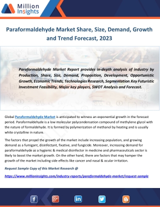 Paraformaldehyde Market Share, Size, Demand, Growth and Trend Forecast, 2023