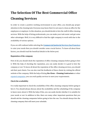 The Selection Of The Best Commercial Office Cleaning Services