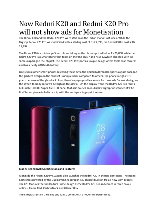 Now Redmi K20 and Redmi K20 Pro will not display ads for Monetisation