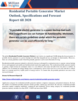 Residential Portable Generator Market Outlook, Specifications and Forecast Report till 2028