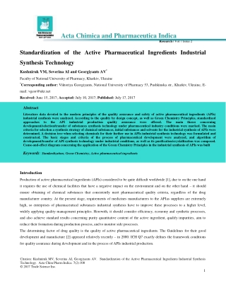 Standardization of the Active Pharmaceutical Ingredients Industrial Synthesis Technology