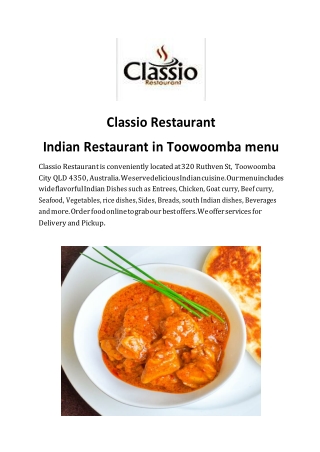 Classio Restaurant Menu | Indian restaurant in Toowoomba City , Brisbane