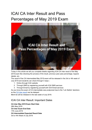 ICAI CA Inter Result and Pass Percentages of May 2019 Exam