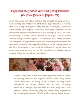 5 Reasons to Choose Assisted Living Facilities for Your Elders in Seguin, TX