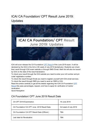 ICAI CA Foundation/ CPT Result June 2019: Updates
