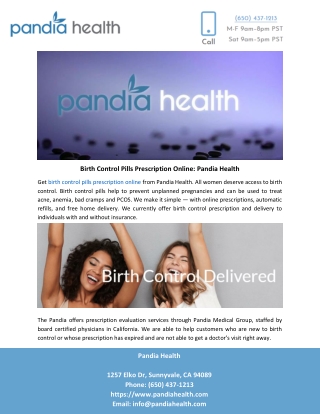 Birth Control Pills Prescription Online: Pandia Health