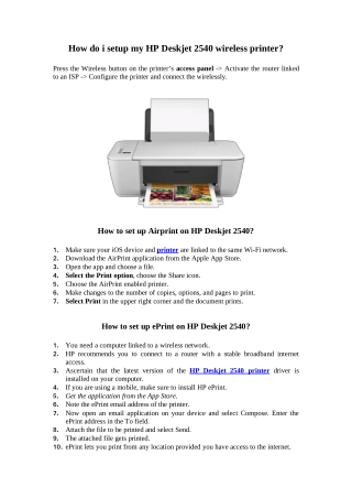 How do i setup my HP Deskjet 2540 wireless printer