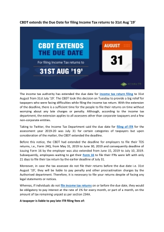 CBDT extends the Due Date for filing Income Tax returns to 31st Aug '19'