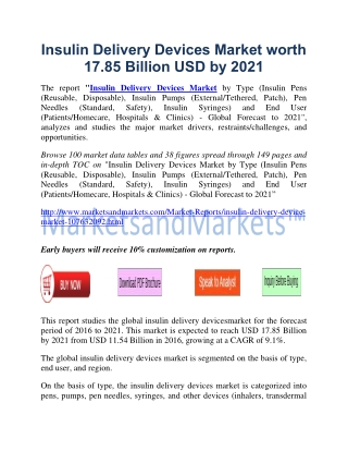 Insulin Delivery Devices Market worth 17.85 Billion USD by 2021