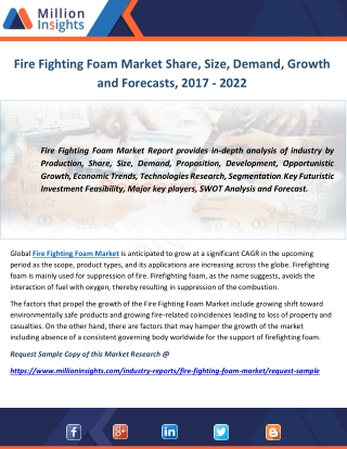 Fire Fighting Foam Market Share, Size, Demand, Growth and Forecasts, 2017 - 2022