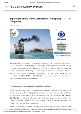 What is importance of ISO 14001 Certification (EMS) for Shipping Companies?