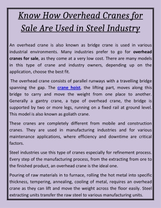 Know How Overhead Cranes for Sale Are Used in Steel Industry