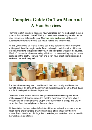 Two Men and A Van - Interstate Removalists Sydney