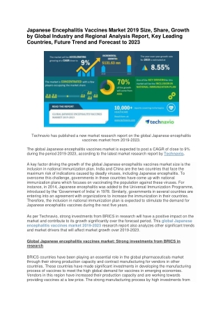 Japanese Encephalitis Vaccines Market 2019 Size, Share, Growth by Global Industry and Regional Analysis Report, Key Lea