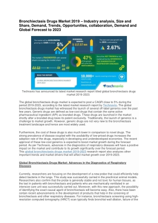 Bronchiectasis Drugs Market 2019 – Industry analysis, Size and Share, Demand, Trends, Opportunities, collaboration, Dema