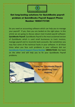 Get long-lasting solutions for QuickBooks payroll problem at QuickBooks Payroll Support Phone Number 18004173165