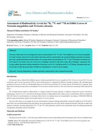 Assessment of Radioactivity Levels for 40K, 238U and 232Th in Edible Leaves of Vernonia amygdalina and Vernonia calvoana