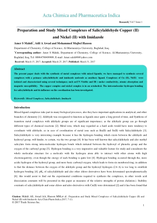 Preparation and Study Mixed Complexes of Salicylaldehyde Copper (II) and Nickel (II) with Imidazole