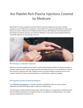 Are Platelet-Rich Plasma Injections Covered by Medicare