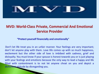 MVD: World-Class Private, Commercial And Emotional Service Provider