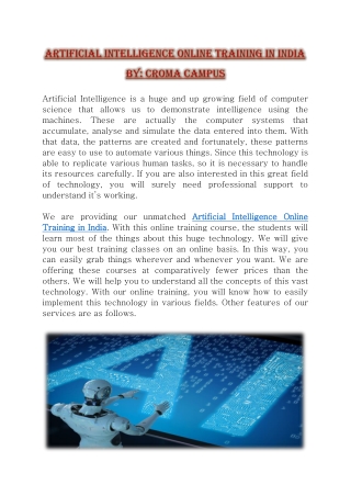 Artificial Intelligence Online Training in India
