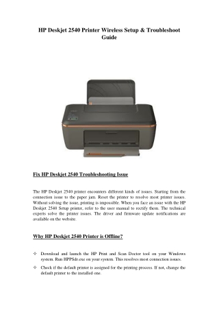 HP Deskjet 2540 Printer Wireless Setup & Troubleshoot Guide