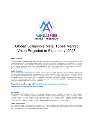 Global Collapsible Metal Tubes Market Value Projected to Expand by 2025