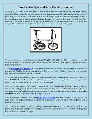 Buy Electric Bike and Save The Environment