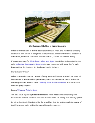 Why Purchase Villa Plots in Jigani, Bangalore