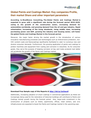 Global Paints and Coatings Market Huge Business Opportunities, Trends and Demands 2019 to 2025