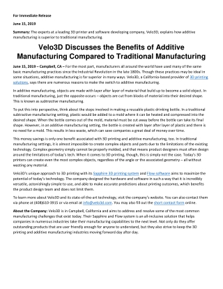 Velo3D Discusses the Benefits of Additive Manufacturing Compared to Traditional Manufacturing