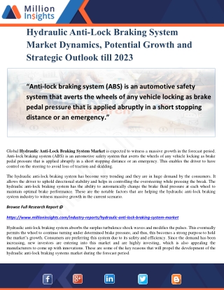 Hydraulic Anti-Lock Braking System Market Dynamics, Potential Growth and Strategic Outlook till 2023