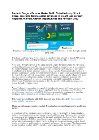 Bariatric Surgery Devices Market 2019: Global Industry Size & Share, Emerging technological advances in weight loss surg