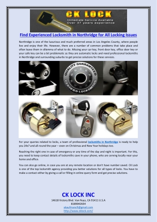 Find Experienced Locksmith in Northridge for All Locking Issues