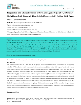 Preparation and Characterization of New Azo Ligand N-[(1-(4-(4,5-Dimethyl1h-Imidazol-2-Yl) Diazenyl) Phenyl-3-(Trifluoro