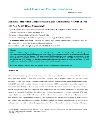 Synthesis, Structural Characterization, and Antibacterial Activity of Iron (II) New Schiff-Bbase Compounds