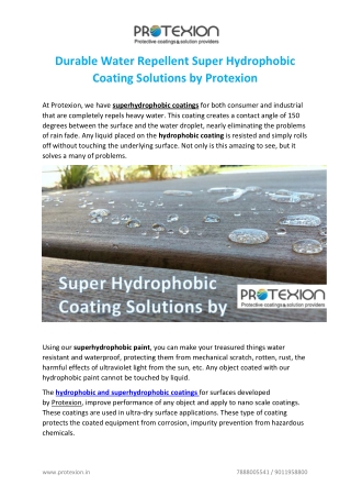 Durable Water Repellent Super Hydrophobic Coating Solutions by Protexion