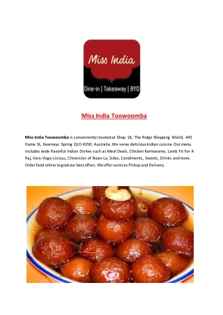 Miss India Toowoomba-Kearneys Spring - Order Food Online