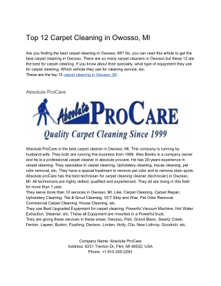 Top 12 Carpet Cleaning in Owosso MI