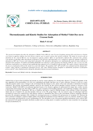 Thermodynamic and Kinetic Studies for Adsorption of Methyl Violet Dye on to Creeson Seeds
