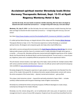 Acclaimed spiritual mentor Shreekalp leads Divine Harmony Therapeutic Retreat, Sept. 13-15