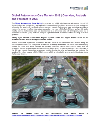 Global Autonomous Cars Market– 2019 | Overview, Analysis and Forecast to 2025