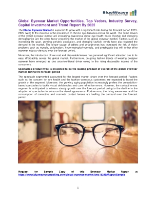 Global Eyewear Market Opportunities, Top Vedors, Industry Survey, Capital Investment and Trend Report By 2025