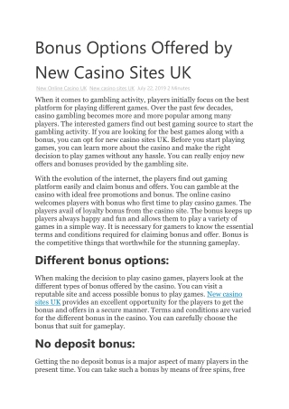 Bonus Options Offered by New Casino Sites UK