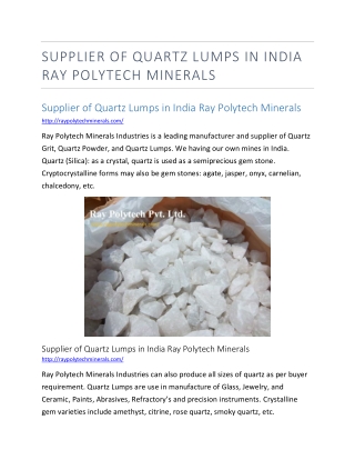 Supplier of Quartz Lumps in India Ray Polytech Minerals