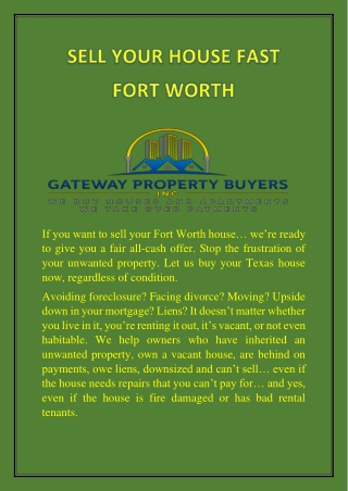 Sell Your House Fast Fort Worth
